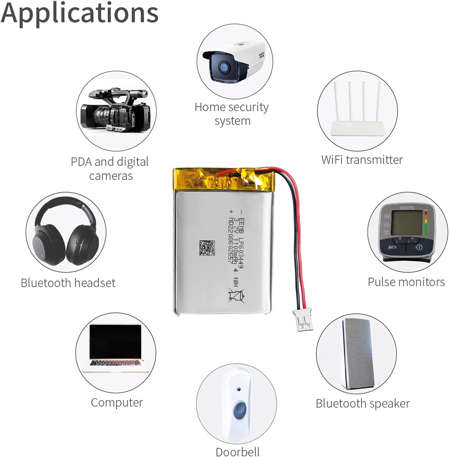 EEMB 10PACK Lithium Polymer Battery 3.7V 1100mAh 603449 Lipo Rechargeable Battery Pack with Wire JST Connector for Speaker and Wireless Device- Confirm Device & Connector Polarity Before Purchase