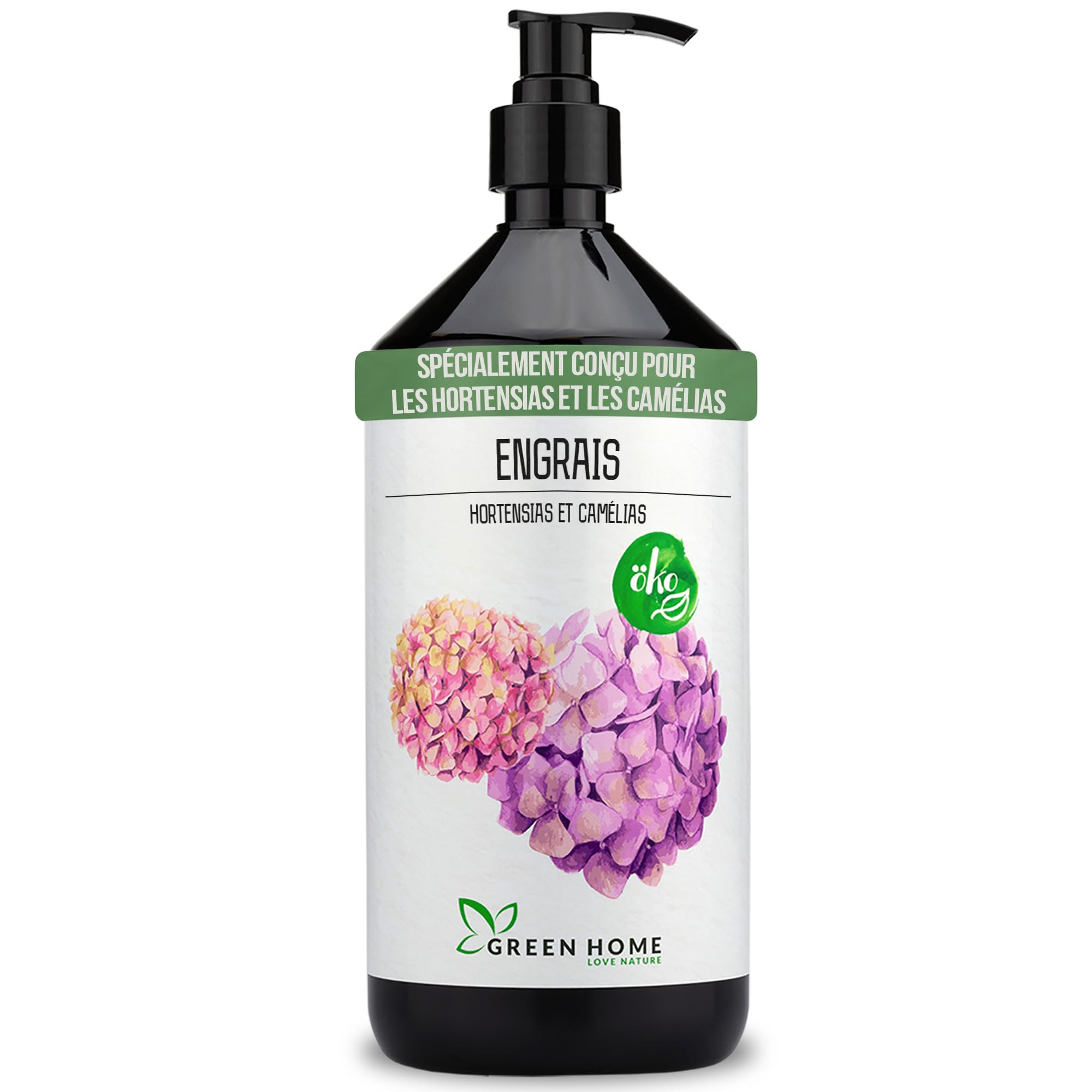 Green Home Engrais Hortensia & Camélia Liquide 1 L avec Pompe Doseuse NPK 5-5-7 – Engrais Hortensia Liquide pour Hortensias, Camélias et Rhododendrons
