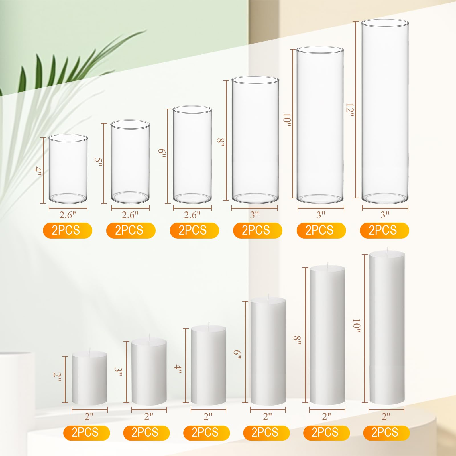 Shihanee Set of 12 White Pillar Candles and Glass Cylinder Vases - 6 Sizes Clear Candle Holders for Home Table Centerpieces Decoration
