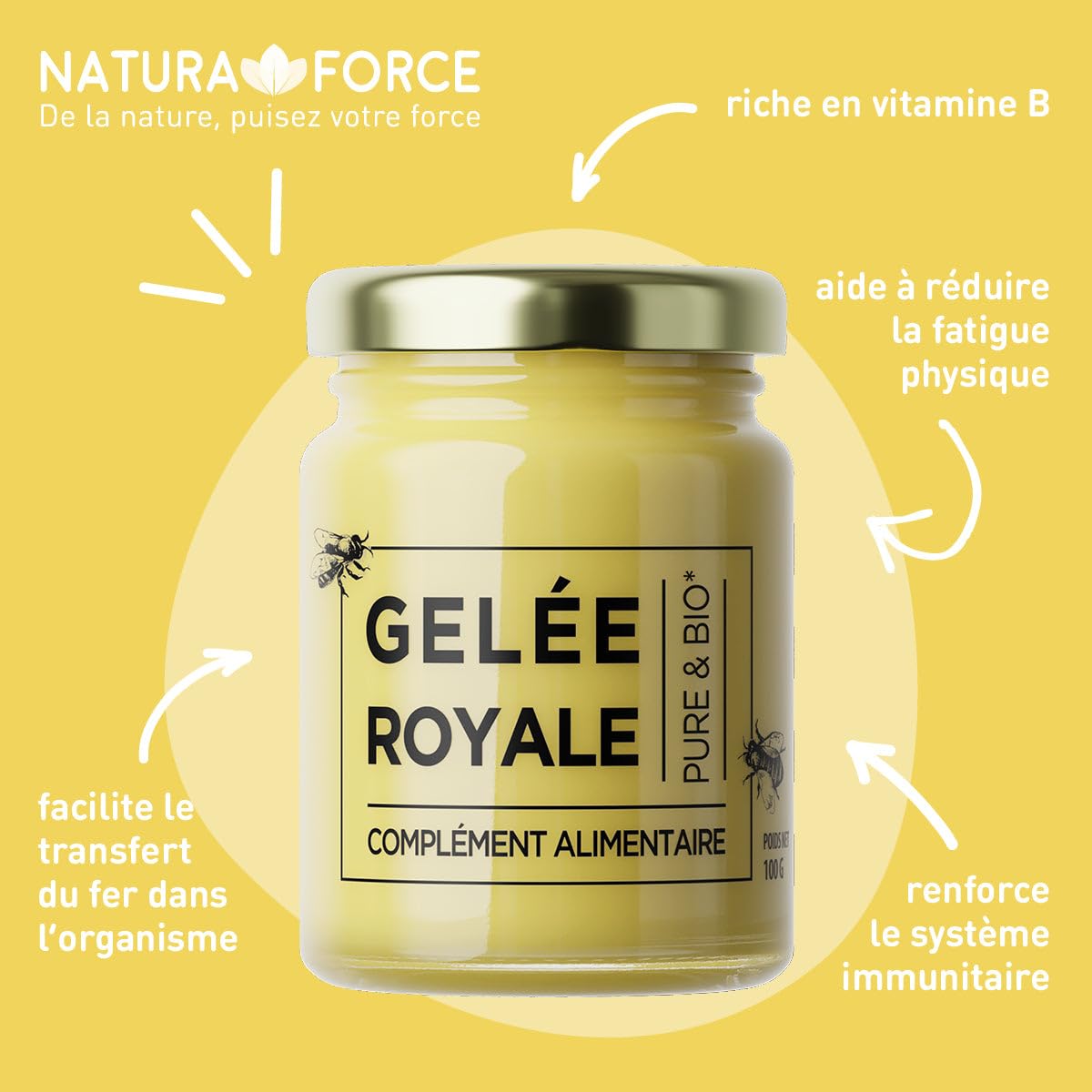 Gelée Royale Bio 100% Pure 100g - Complément Alimentaire Naturel - Énergie, Immunité, Vitalité - Riche en Vitamine B