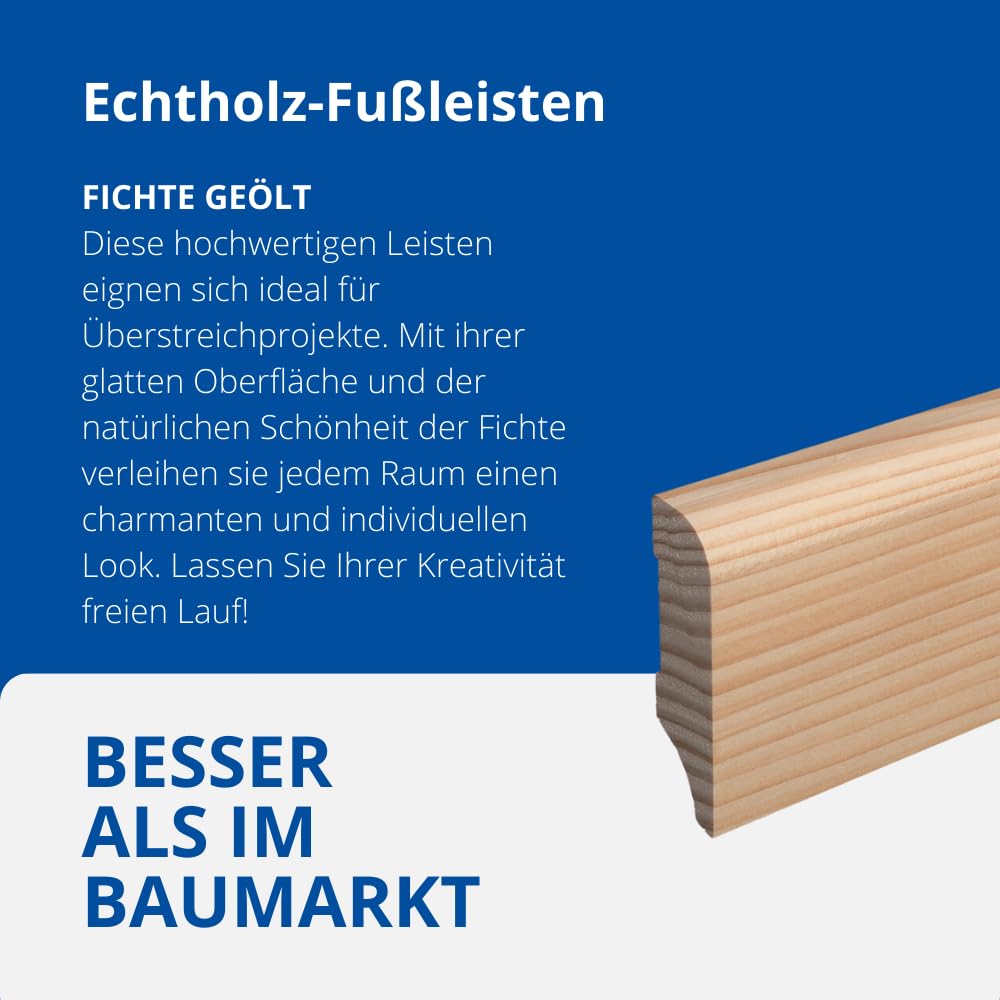 REESE | MASSIVHOLZ Sockelleiste | Fichte GEÖLT | Münchener Profil | Oberkante Rund | (60mm Höhe, 20 Stück / 46lfm)