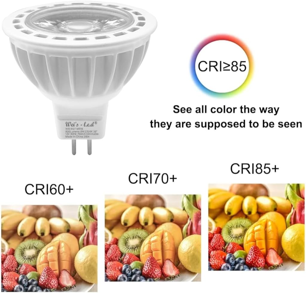 wei's-l.e.d 8W MR16 GU5.3 Led Bulbs, High Power, 800 Lumens, 38 Degree, Replace 85W Halogen Equivalent, 12V Low Voltage, Dimmable! 6 Pack. 2700K or 5000K, Warm White or Daylight (5000K Daylight)