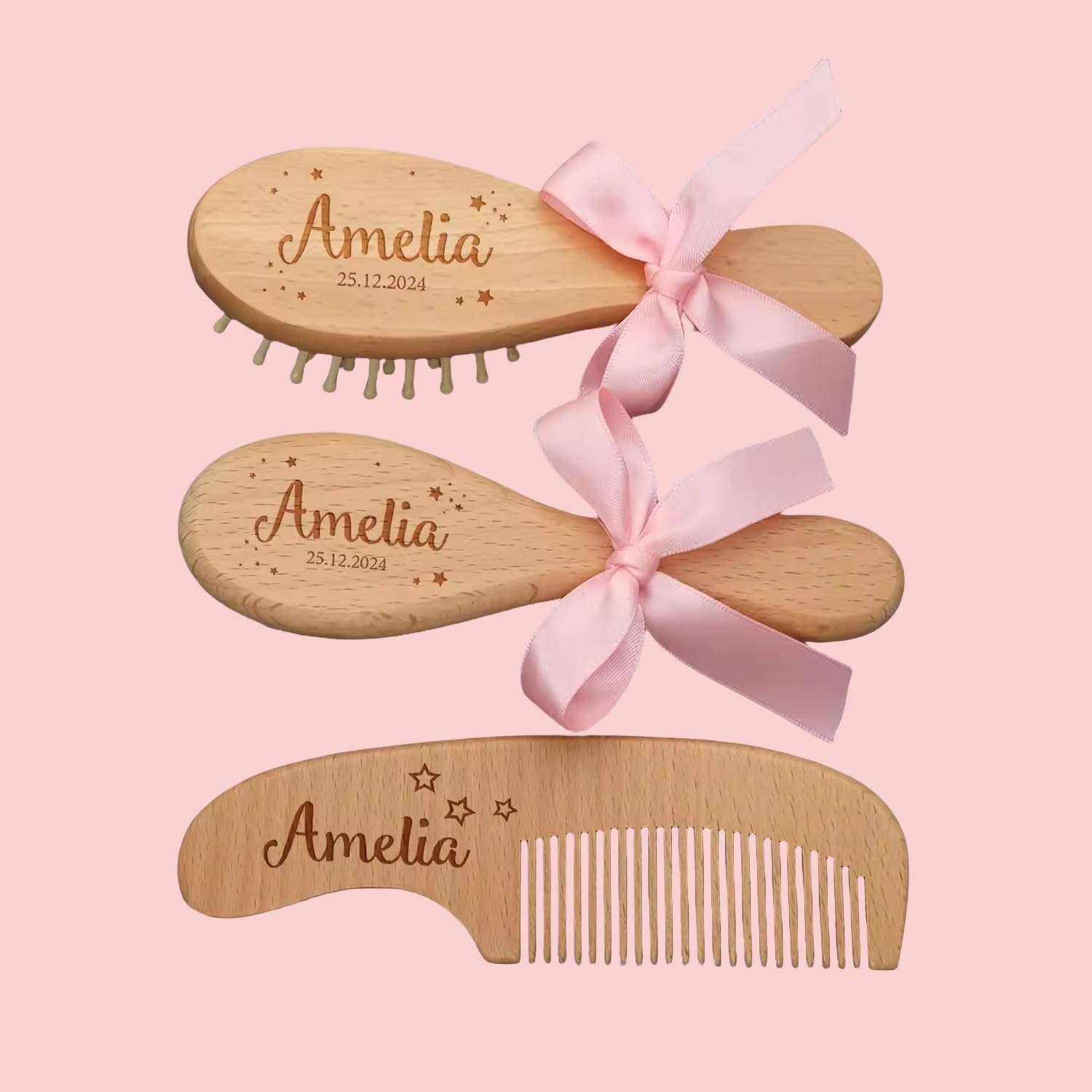 Personalized Baby Gift Newborn Hair Brush and Comb, Customized Engraved Baby Keepsake，Personalized Girls Brush and Comb Set， Wood Bristle Toddler Comb