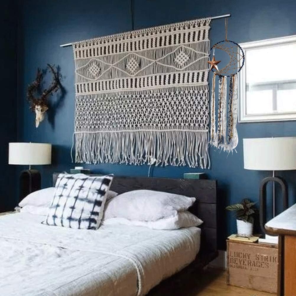 OFNMY Blue Dream Catcher Handmade Half Circle Moon Design Dream Catcher Feather Hanging with Star Home Decoration Ornament Festival Gift (Moon& Star)