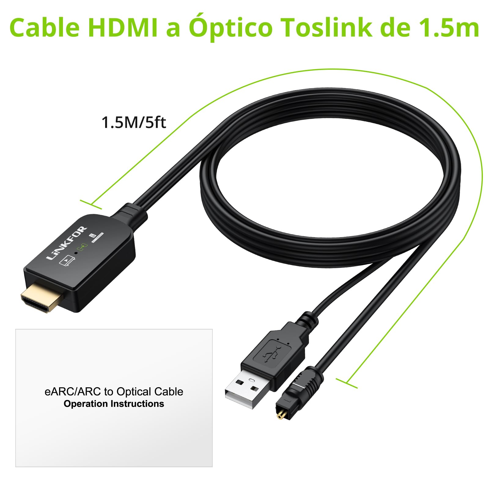 LiNKFOR Extractor de Audio HDMI eARC ARC,Cable HDMI a Óptico Toslink de 1.5m Compatible con PCM 2.0,Dolby 5.1 y DTS 5.1 para Sondbar y TV con Interfaz eARC ARC