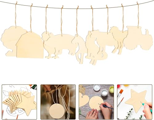 Miniatura 6 de 45 piezas de animales de granja sin pintar con formas de recortes de madera vaca, cerdo, pollo, caballo, oveja, perro, animales sin terminar,