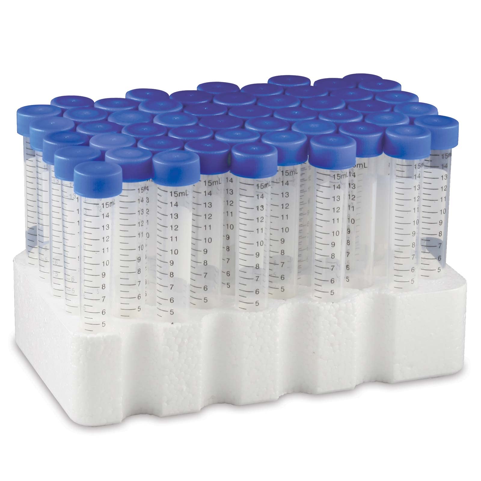 Globe Scientific 15mL Centrifuge Tube with Attached Blue Flat Top Screw Cap, 6286, Polypropylene, Sterile, Printed Graduation, Racked, 50/Rack, 500/CS