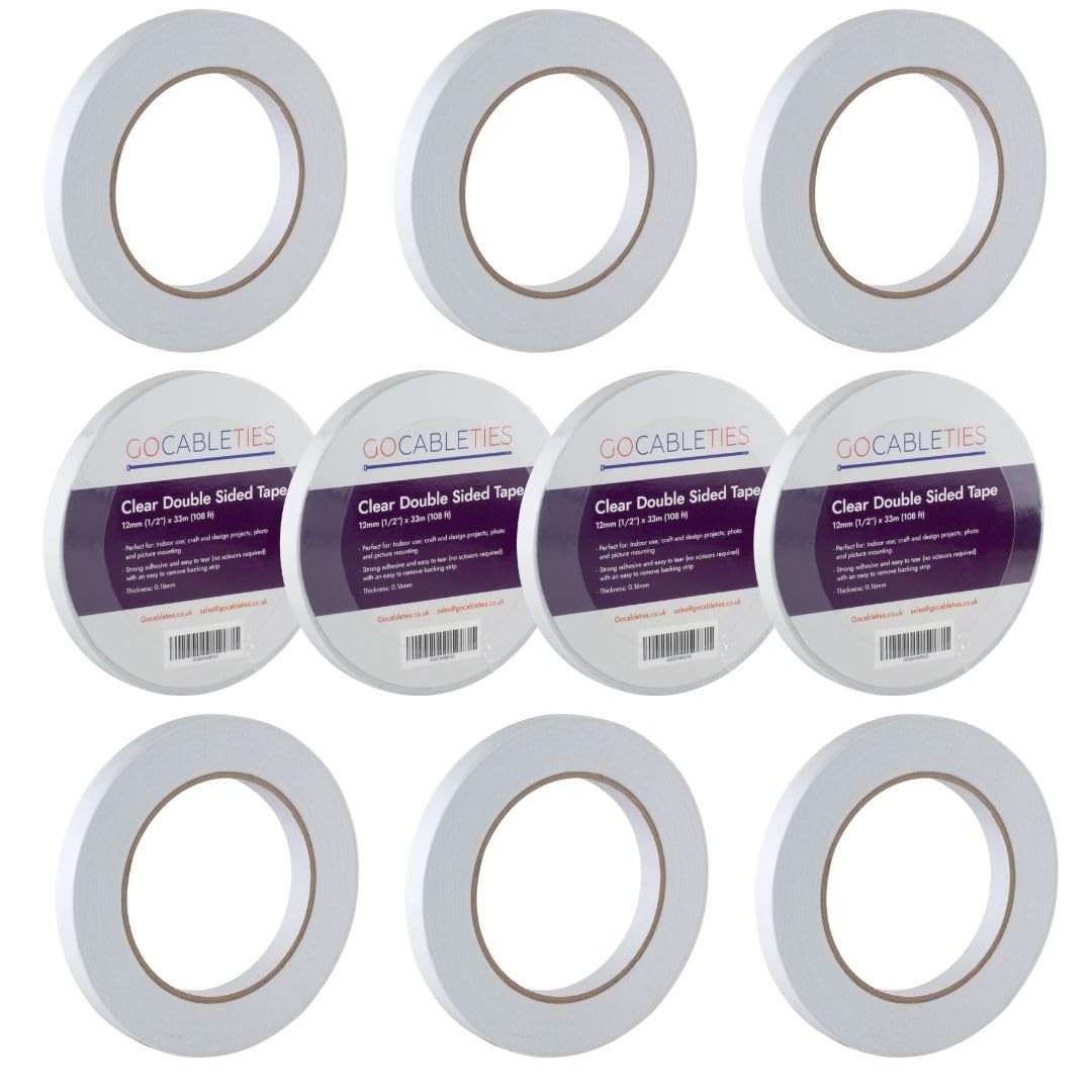 Gocableties Clear Double Sided Tape, 12mm (1/2”) x 33m, Strong Thin Double Sided Sticky Tape for Craft, Scrapbooking and Mounting Photos, 10 Rolls