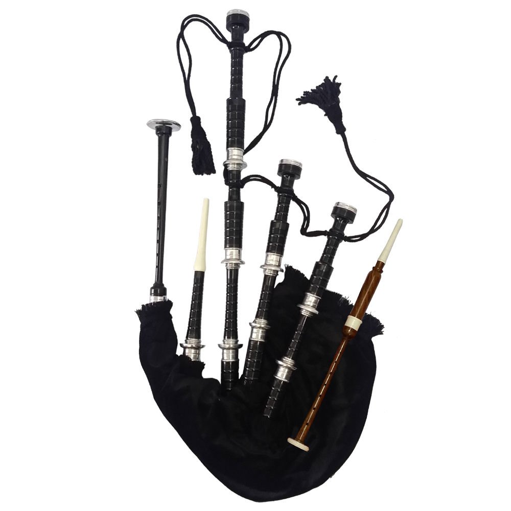 Scottish Full Size Bagpipe Silver Plain Mounts Highland Bagpipes with Black Velvet Finish and Accessories