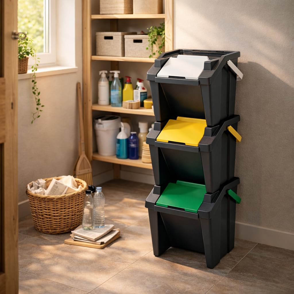 Maury's Set 3 Pattumiere da 30 Litri Differenziate Cestini e Bidoni da Interno ed Esterno per una Raccolta Differenziata Pratica e Organizzata Ecologic Componibile Con Manici Made in Italy