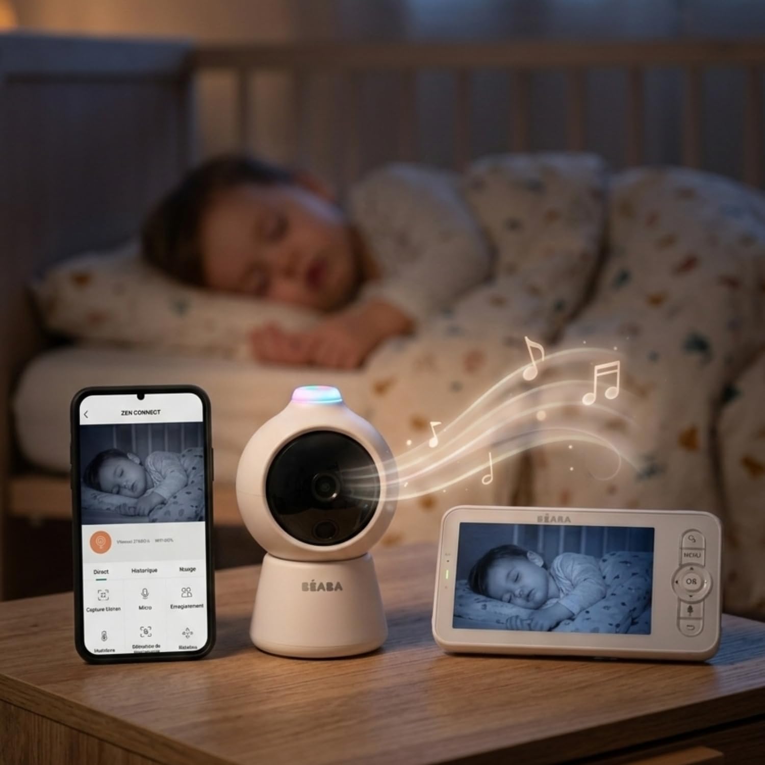 BÉABA Zen Smart AI Babyphone Vidéo 3 en 1, Blanc | Caméra 360° Full QHD 4MP, Écran HD 720p, IA Détection Retournement, Vision Nocturne, Application Mobile