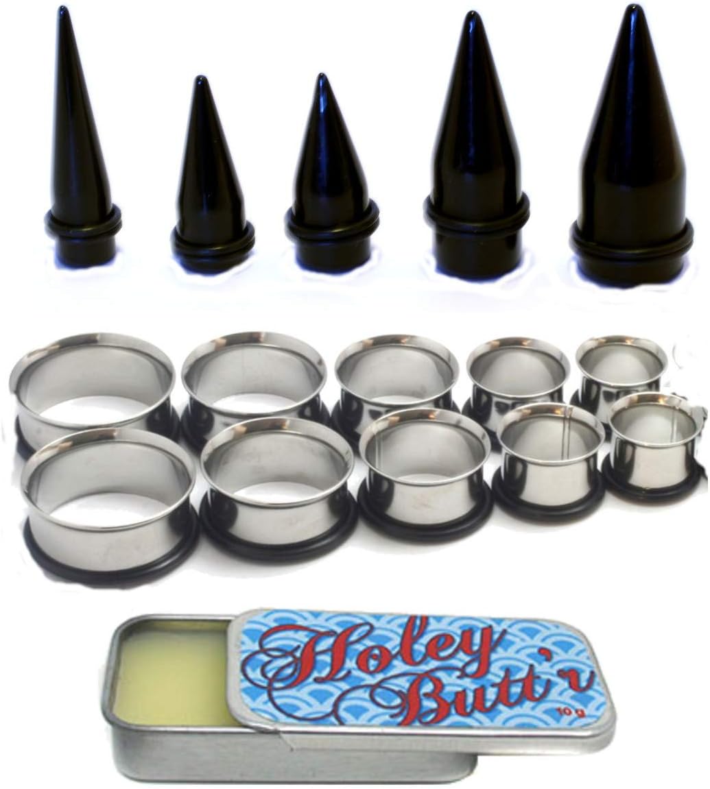 15 Pc Huge Tapers Ear Stretching Kit Black Tapers and Surgical Steel Tunnels 0g-1 inch Holey Butt'r