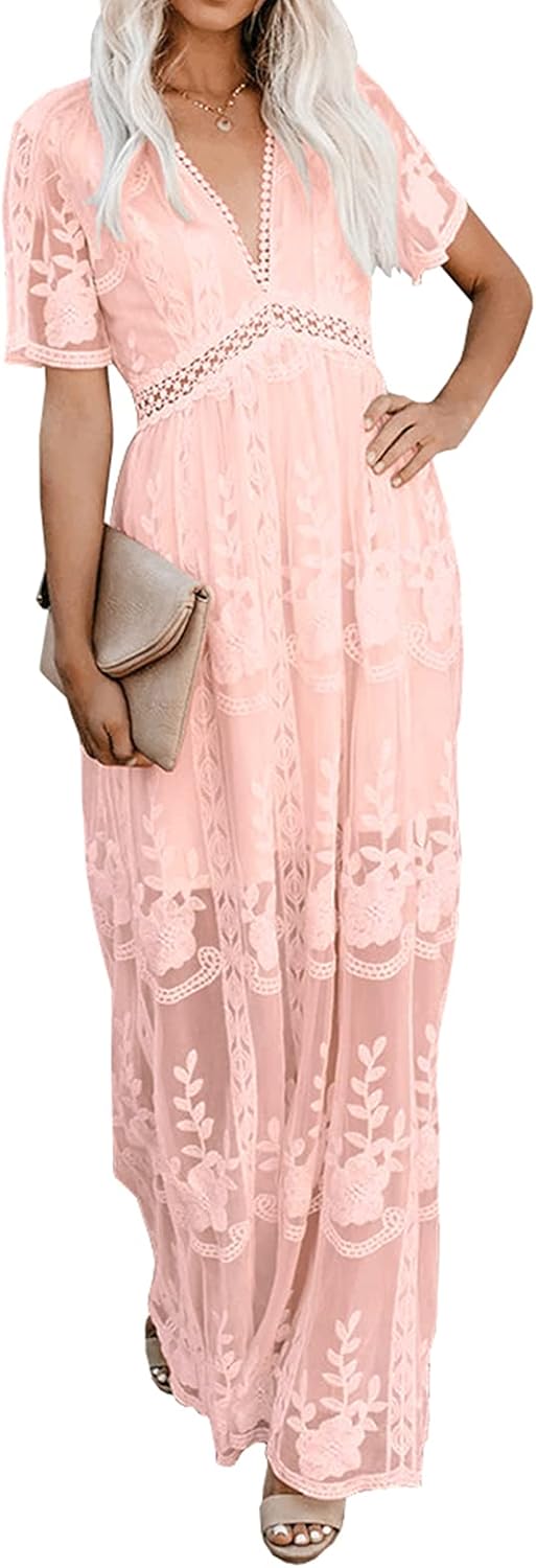 Womens Deep V Neck Short Sleeve Floral Lace Dress Long Bridesmaid Maxi Dresses - Image 3