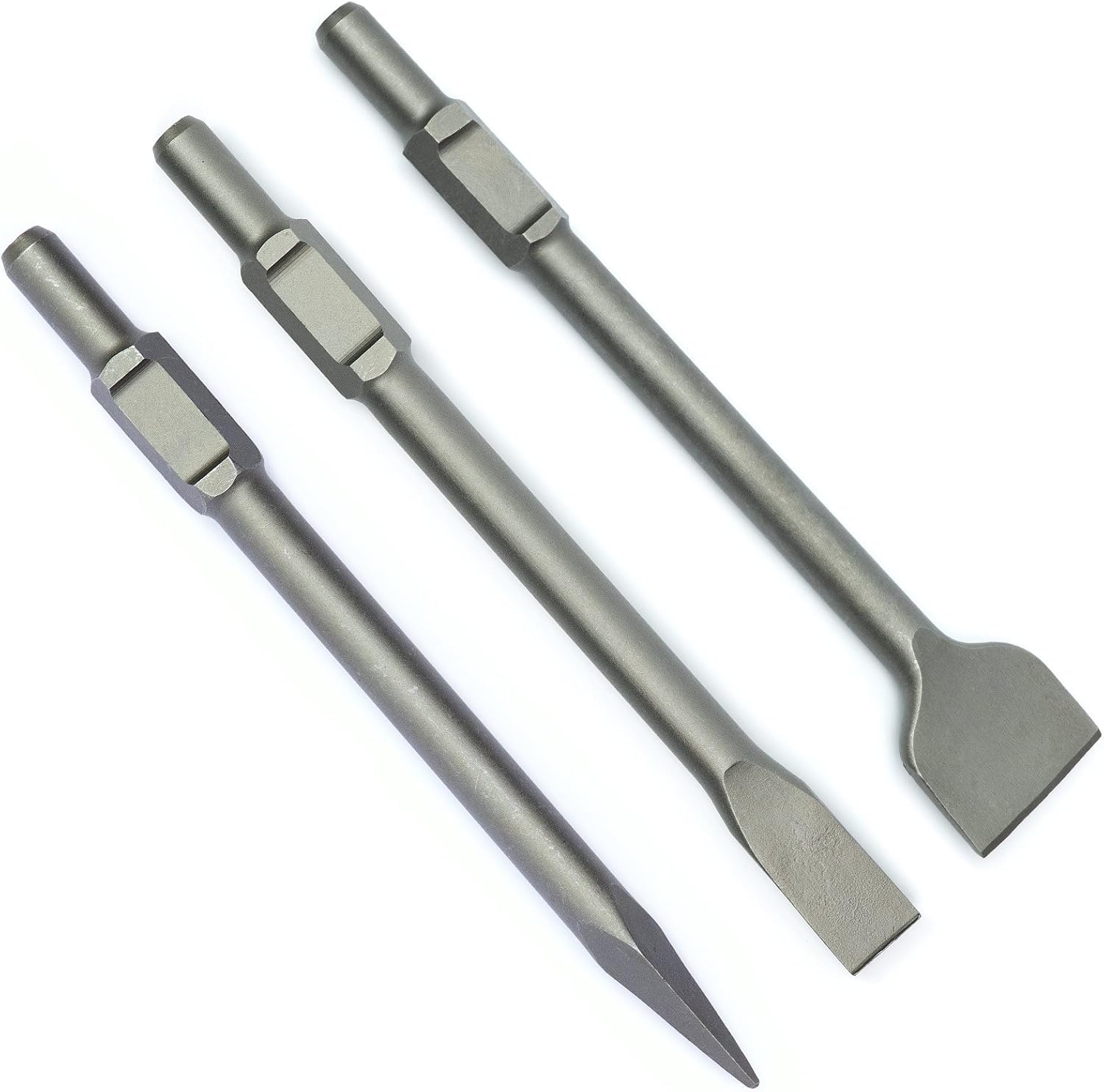 Verda 3-teiliges Meißel-Set Flachmeißel, Spitzmeißel, Breitmeißel mit robuster SDS-HEX-Aufnahme, Länge 410 mm, ideal für den Einsatz in Abbruchhämmern SN1404