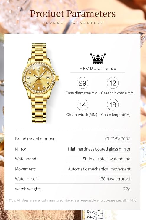 OLEVS Ladies Diamond Watches Automatic Mechanical Luxury Dress Classic Self Winding Stainless Steel Wrist Watch for Women（Gold/Blue/Black/White Dial）