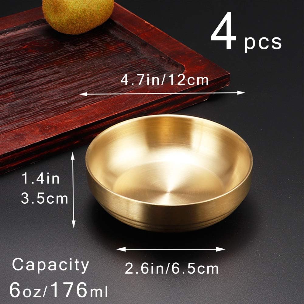 4 PCS 6 OZ Small Double Deck Stainless Steel Sauce Dish, Round Condiment Tray, Mini Sauce Plate, Sushi Dipping Bowls, Condiment Dish for Restaurant, Home (4 PCS)