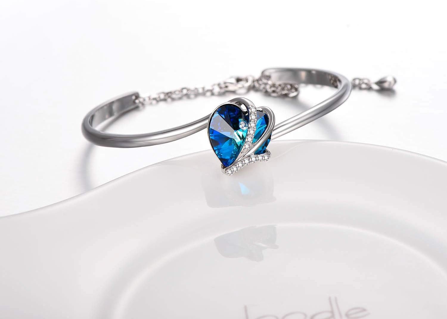 AOBOCO I Love You Jewelry - Sterling Silver Blue Purple Love Heart Bangle Bracelet Embellished with Crystals from Austria, Fine Anniversary Birthday Jewelry Gifts for Women - Image 2