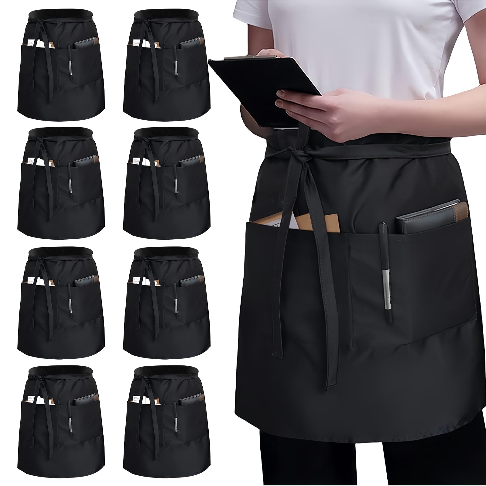 Serverschürzen mit 2 Taschen - Taillenschürze Kurze Schleife Schürze Taillengurt Verstärkte Nähte Halbe Schürze für Kellner Kellnerin(Schwarz Serverschürzen mit 2 Taschen - Taillenschürze Kurze Schleife Schürze Taillengurt Verstärkte Nähte Halbe Schürze für Kellner Kellnerin(Schwarz