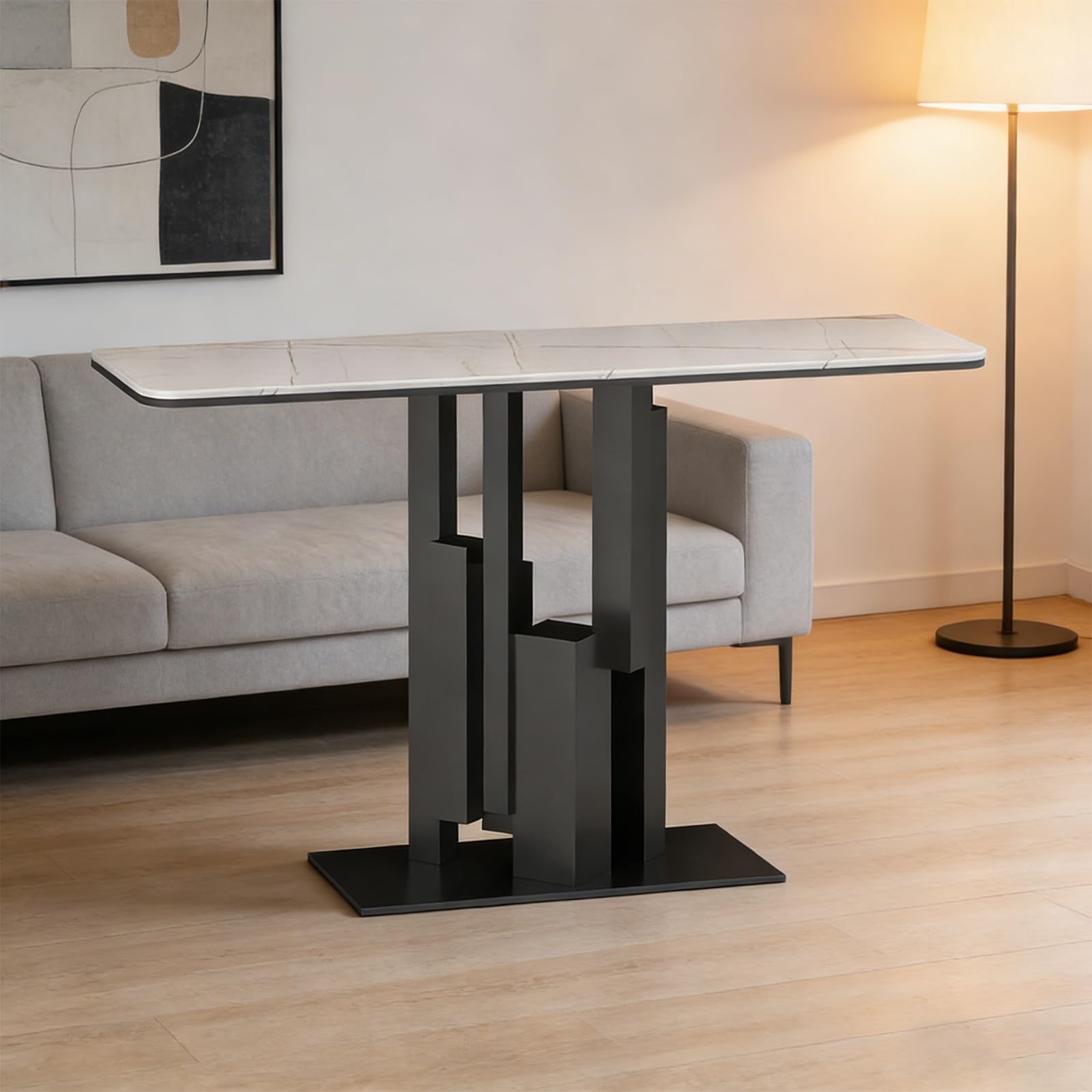Nowoczesny stół wejściowy z zakrzywionym wzorem - stylowa czarno-biała konsola do przedpokoju, salonu lub przedpokoju, wymagany minimalny montaż (160 x 30 x 80 cm)