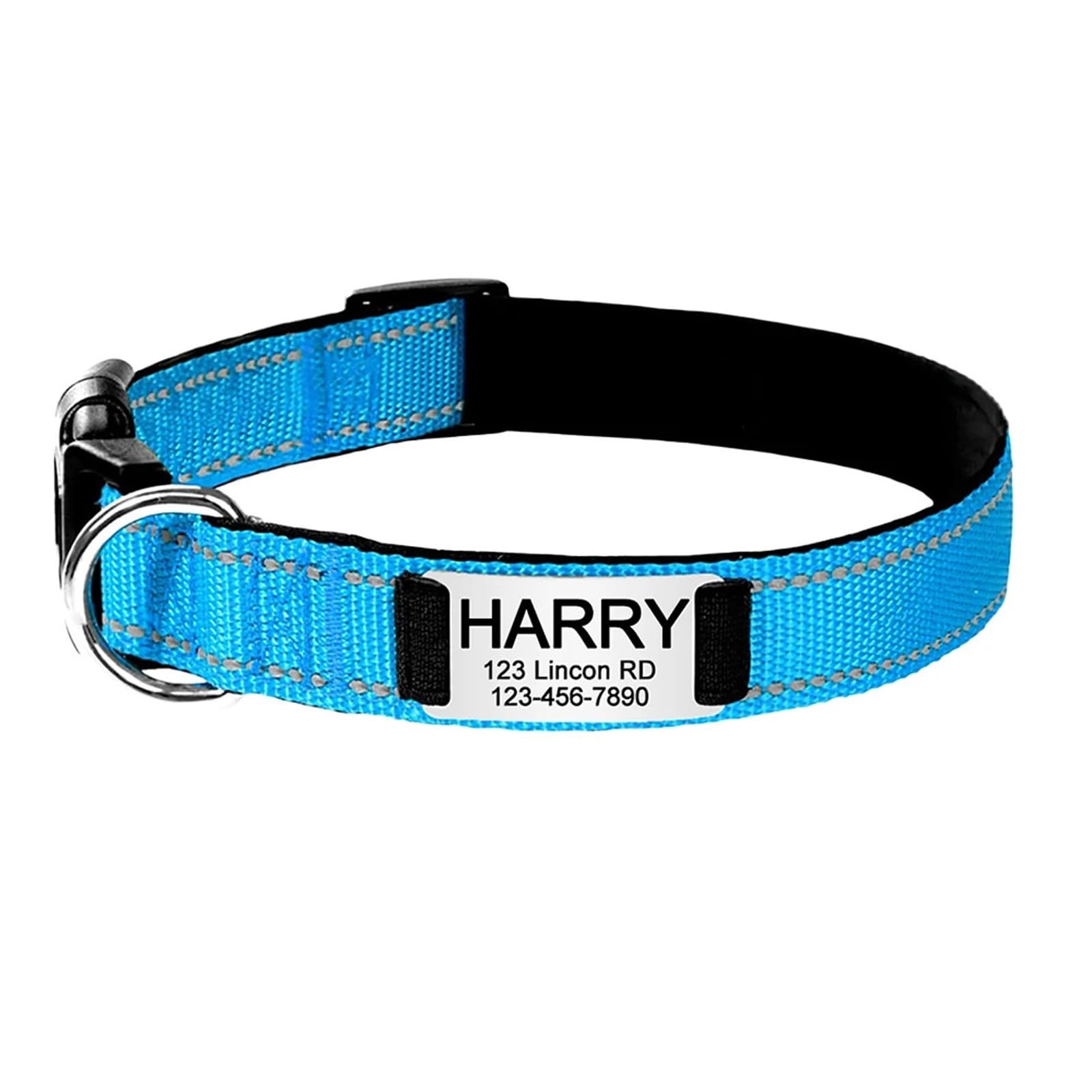 Personalised Dog Collar with Engraved Metal Buckle, Reflective Nylon Collars for Small Medium Large Dogs with Custom Name Plate Phone Number (Sky Blue)