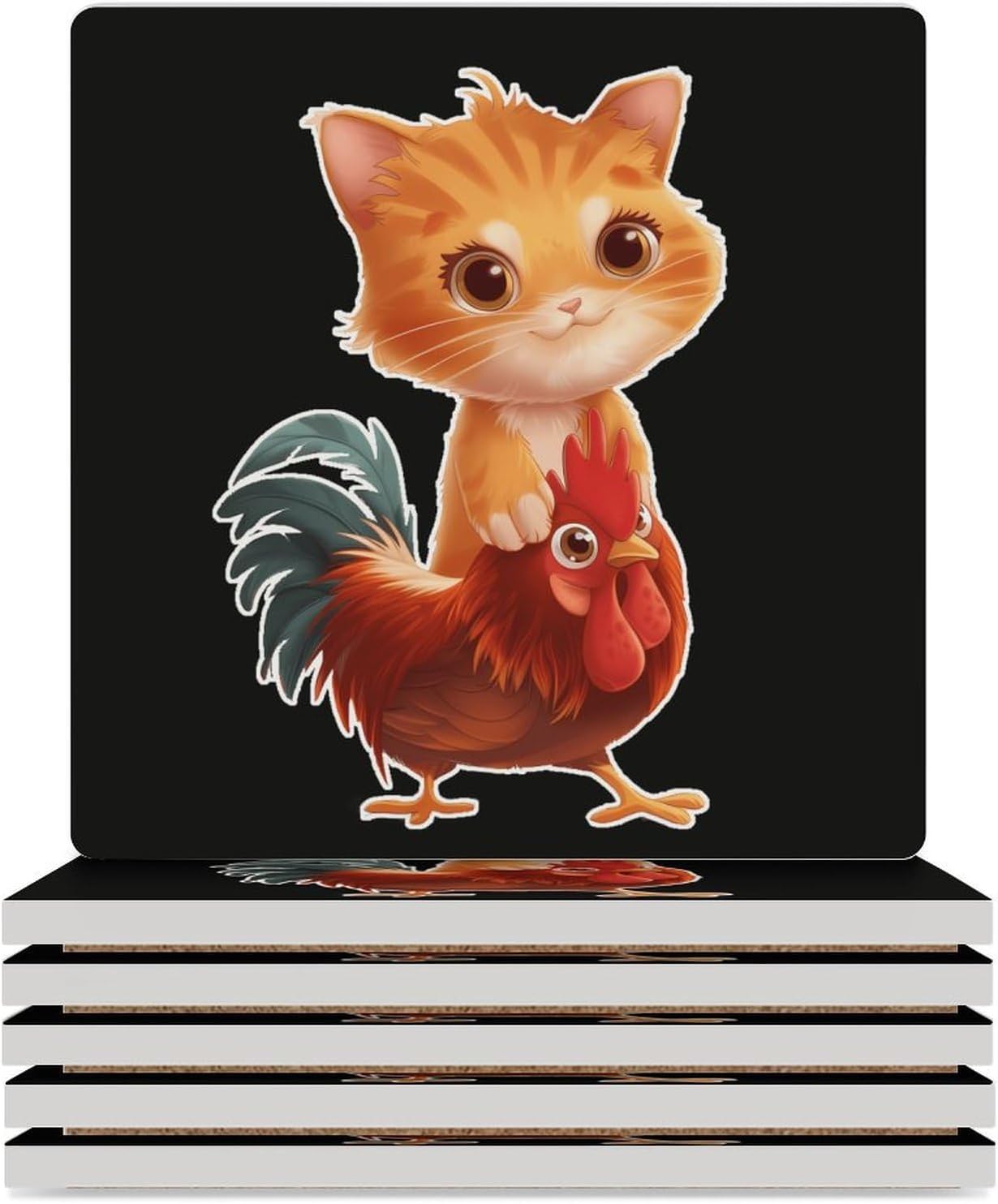 Orange Cat Sitting on A Rooster Coaster for Drinks Square Ceramic Table Coasters Stone Mat Crafts 6PCS Home Kitchen Decor