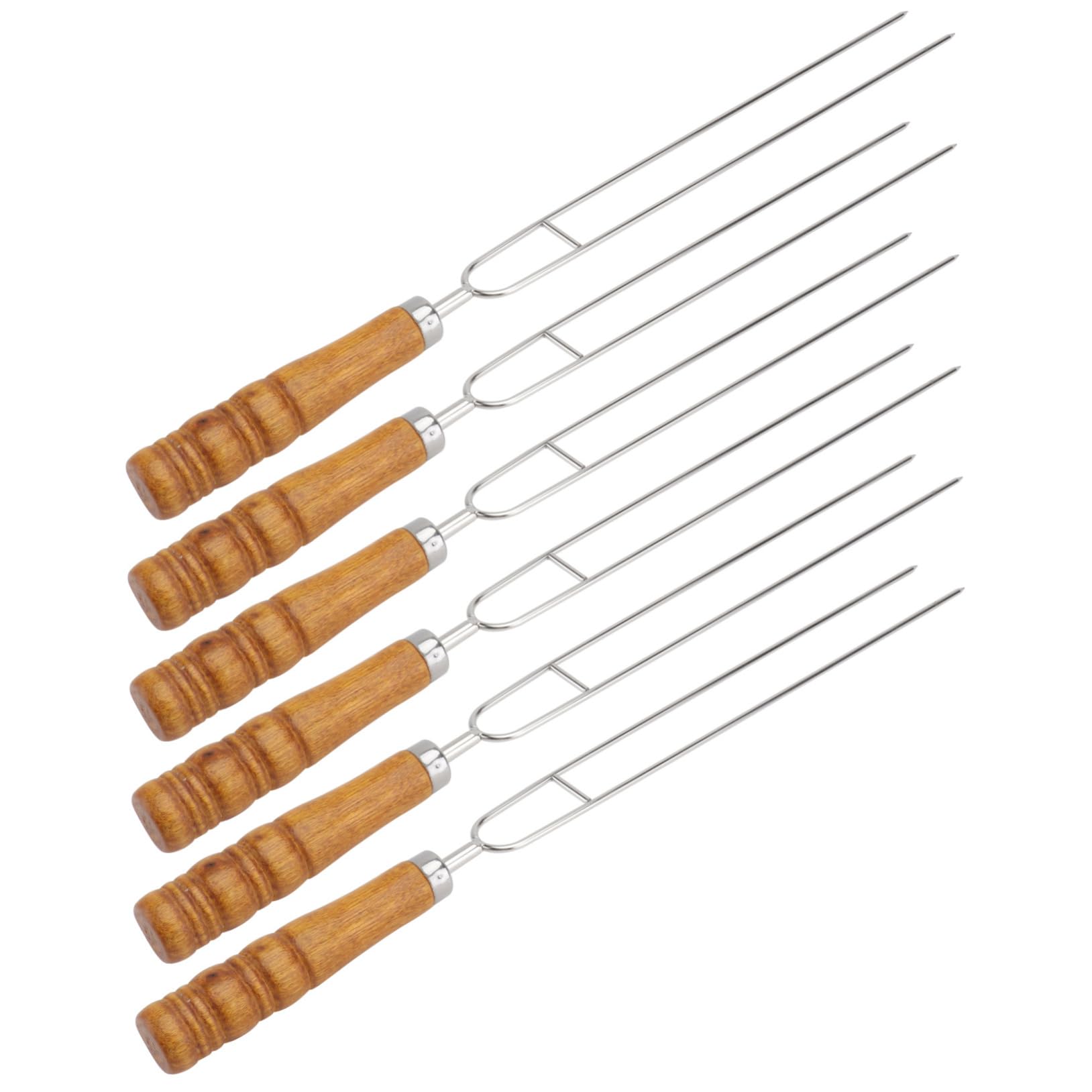 6 Piezas Pinchos para Barbacoa Acero Inoxidable con Doble Mango Madera Utensilios para Asar Carne y Vegetales Exteriores sin Reutilizables