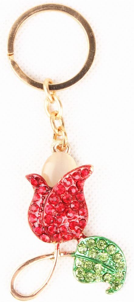 YIXUNTONG Rose Flower Green Leaf Crystal Charm Keyring for Handbag Purse Bag Carkey