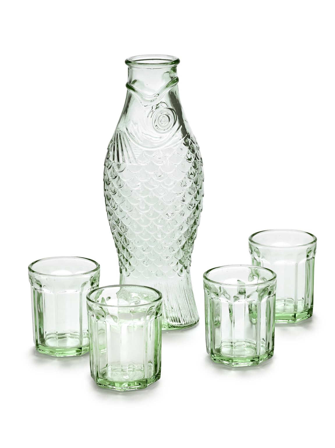 Serax Fish & Fish Glaswaren-Geschenkset mit 1 grüner Karaffe und 4 Gläsern | Paola Navona Design | gepresste Glaswaren | originelle Geschenkidee für Zuhause
