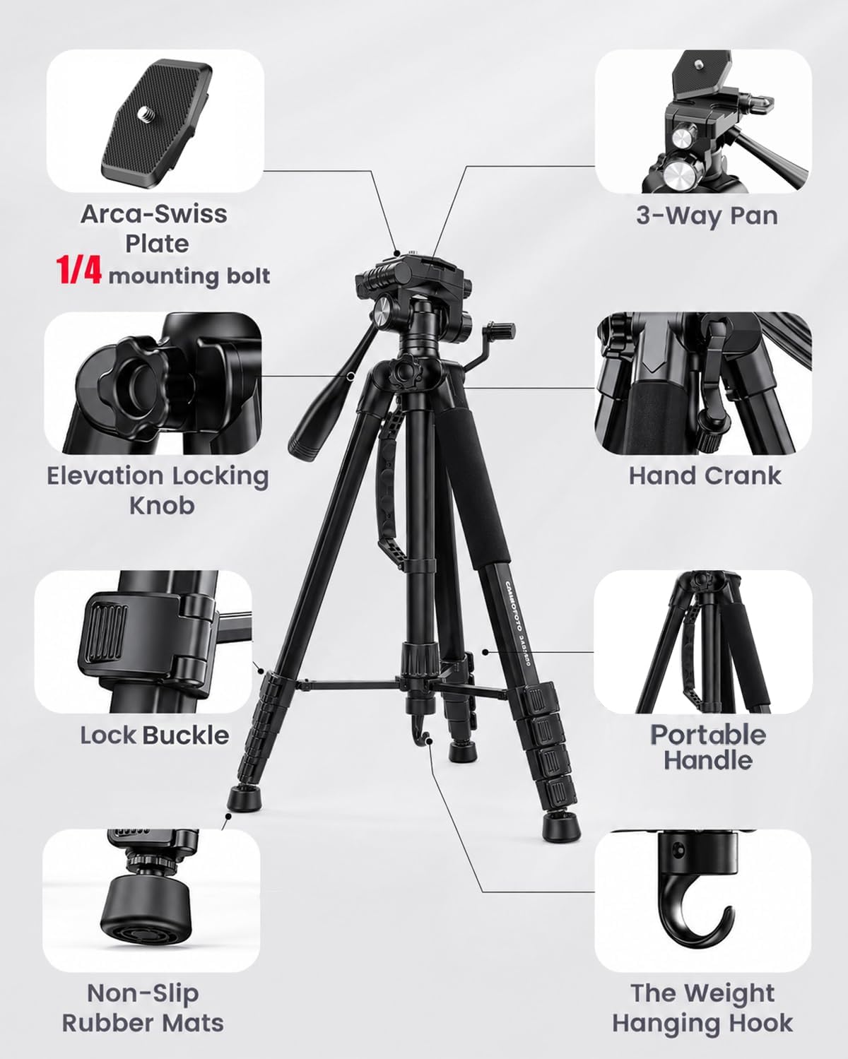 CAMOFOTO 74" Camera Tripod, Tripod Stand for Camera and Phone with Pan-Head 7 61m5AfYoTHL. AC SL1499