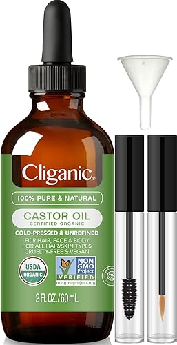 Cliganic Aceite de ricino orgánico, 100% puro (2 onzas con kit de pestañas) - Para pestañas, cejas, cabello y piel