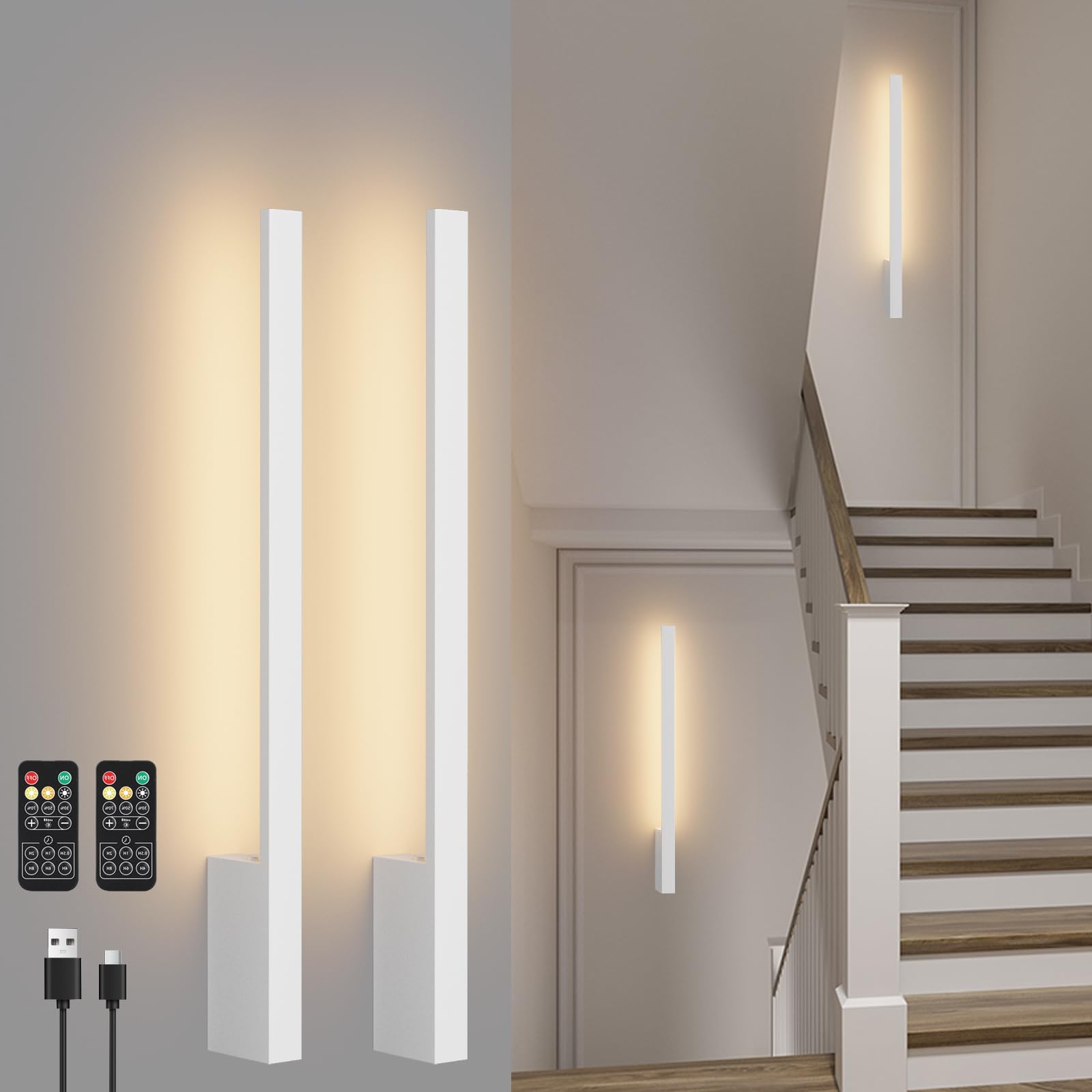 Klighten 2PCS Lámpara de pared a pilas,6000mAh Lámpara de pared LED con mando a distancia y control táctil,Aplique de batería,Aplique de Pared interior 60CM 5W,3000K-6000K,Blanco