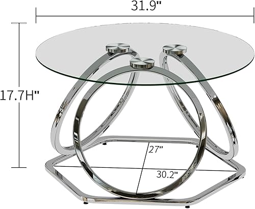 Miniatura 2 de O&K FURNITURE Mesa de centro de cristal, moderna mesa de centro plateada con base hexagonal, mesa de centro redonda para el hogar y la oficina,