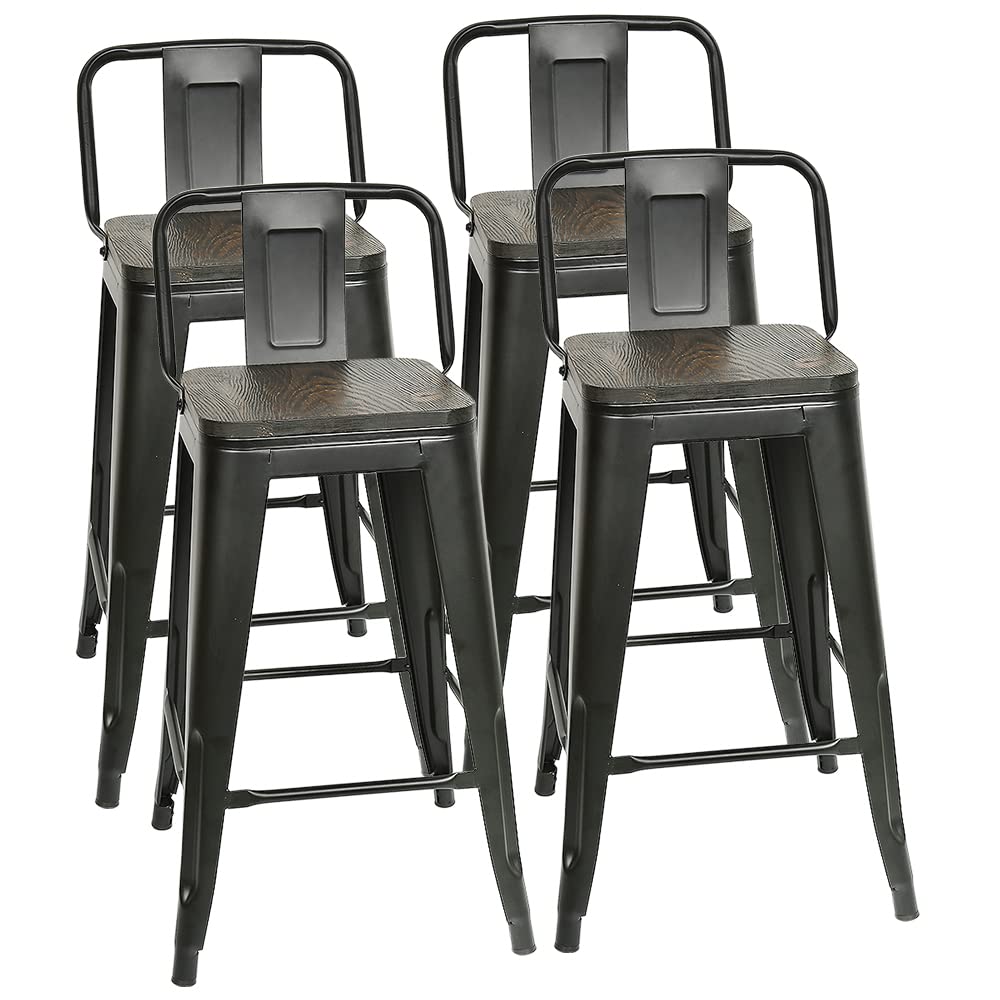 Set di 4 sgabelli da bar in metallo, alto industriale, 84 cm di altezza, seduta con schienale e seduta in legno, per cucina, bistrot, sala da pranzo, interni ed esterni, 84 x 42 x 42 cm