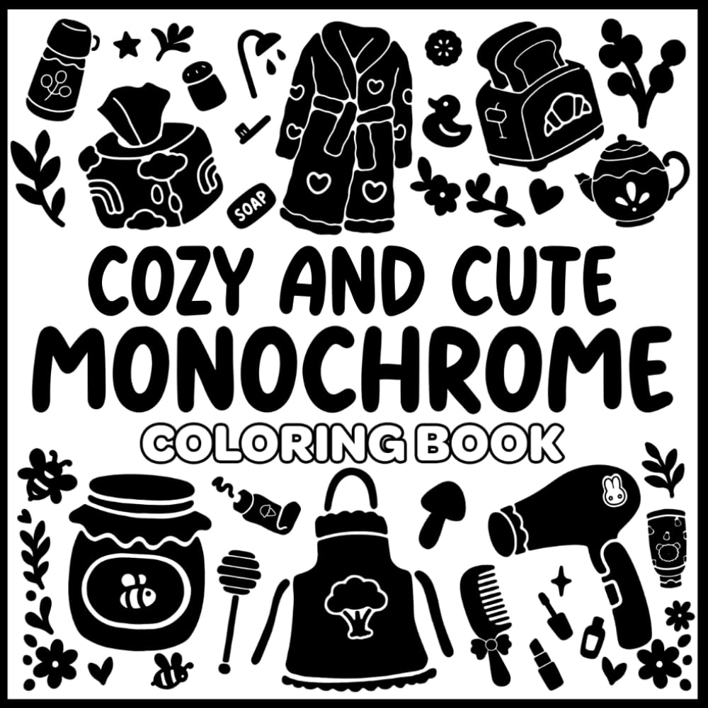 Cozy & Cute Monochrome Coloring Book: 50+ Coloring Pages with Still and Slow, Black and White, Simple and Big, Bold and Easy, One Color Monochromatic Designs for Relaxation