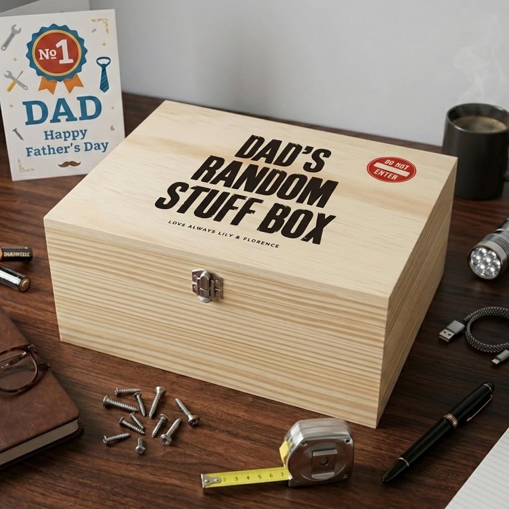 Caja de recuerdos de madera de pino personalizada al azar | Regalo del día del padre | Caja de recuerdos de madera personalizada | Añade tu propio texto | Bisagras y cierre de metal | 26 cm de ancho x