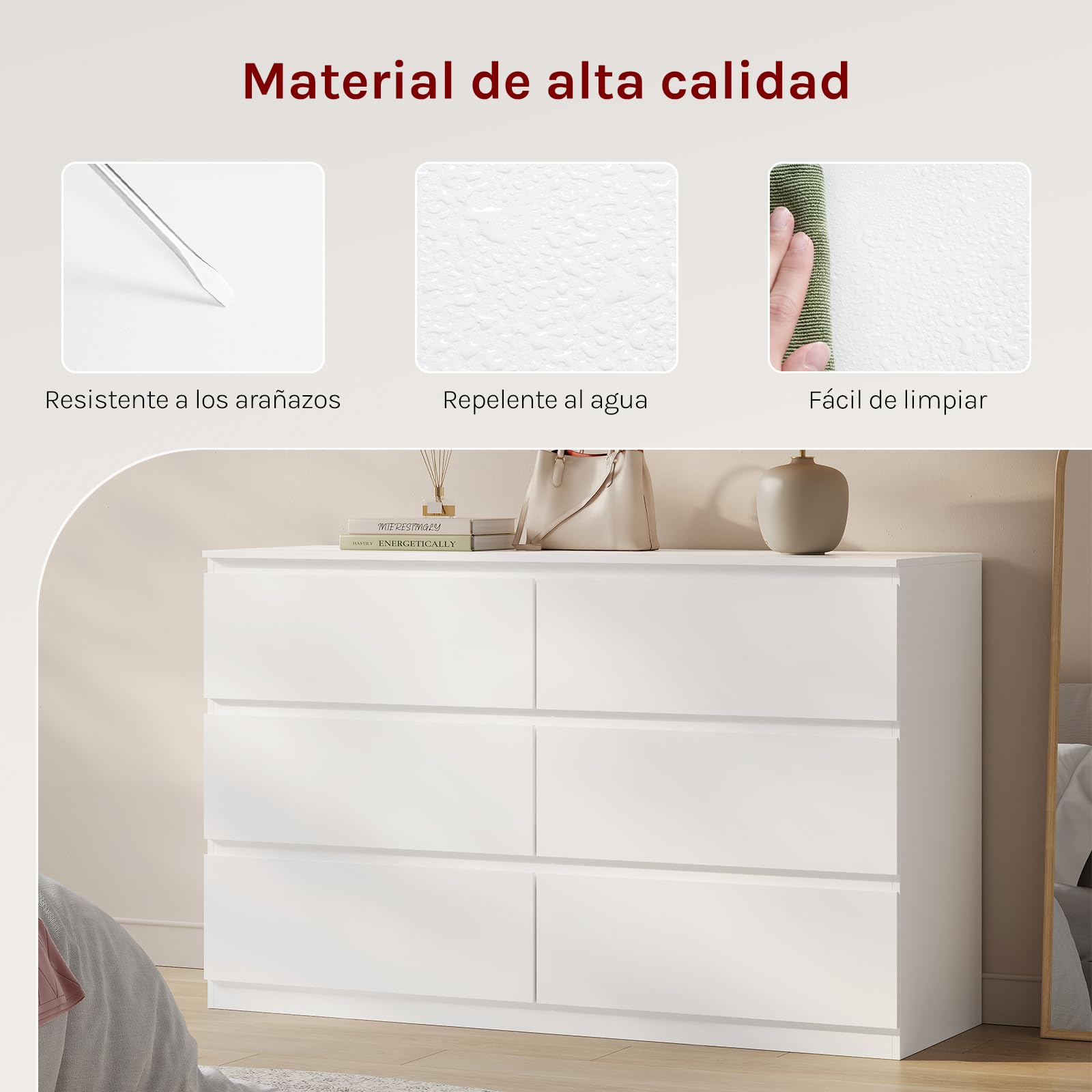 WOLTU Cómoda Cajonera, Cajonera Organizador | 6 Cajones, Moderno, Almacenamiento para Dormitorio, Salón y Pasillo, 120x40x75 cm, Blanco