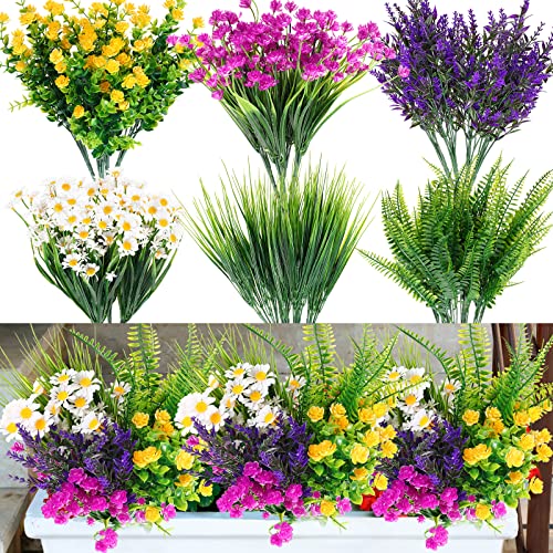 Cindeer 24 Pcs Artificial Flowers Plants for Outdoors, Uv Resistant Artificial Fake Plants Plastic Faux Flowers Plants Outdoor Indoor Spring Flowers Artificial for Decoration Home Wedding Party