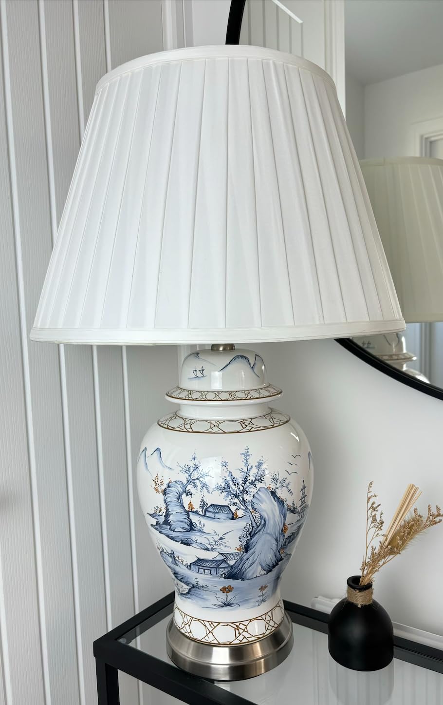 DOWNTON INTERIORS Large White Chinese Oriental Ceramic Porcelain Table Lamp Blue Landscape Pattern Overall Height 66cm G2114 (White Pleated Shade)
