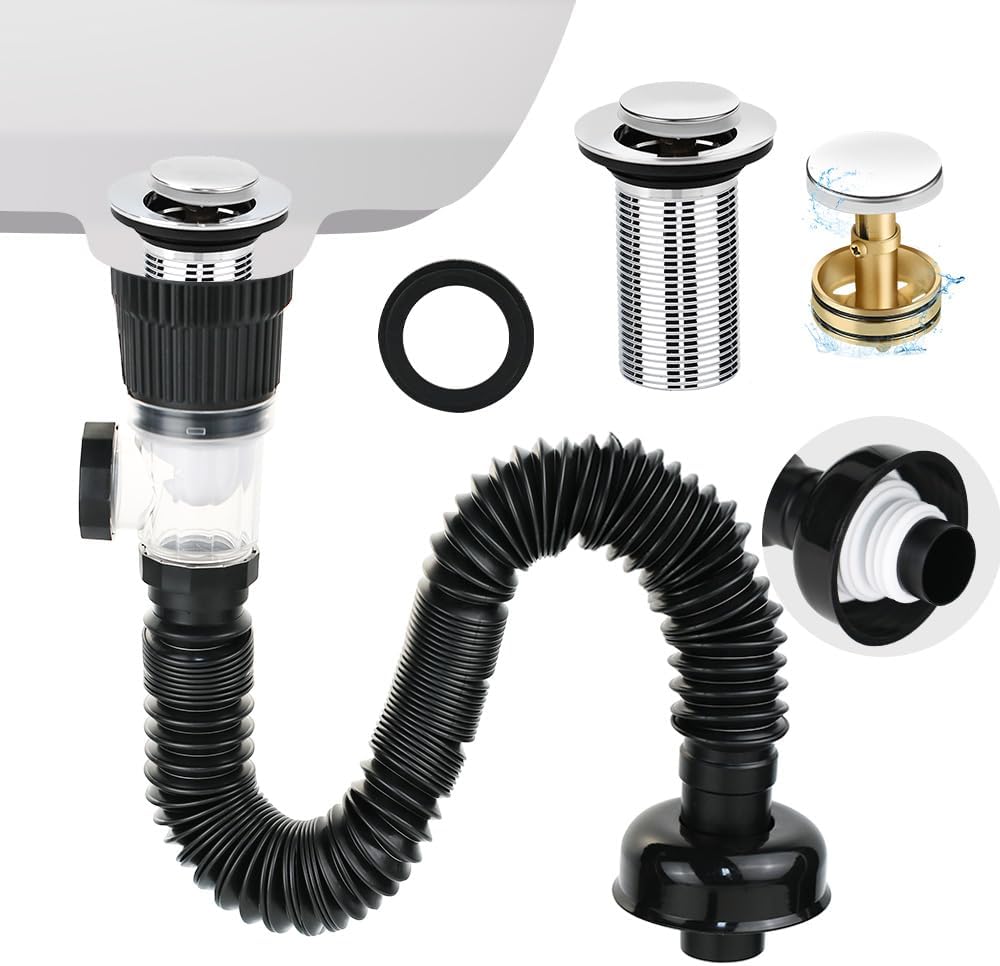 Bathroom Sink Drain Kit with Flexible Expandable P-Trap, Anti-Clogging Hair Catcher & Deodorizer, 1-1/4" and 1-1/2" Universal Fit, ABS & Stainless Steel, Easy Install Tool-Free