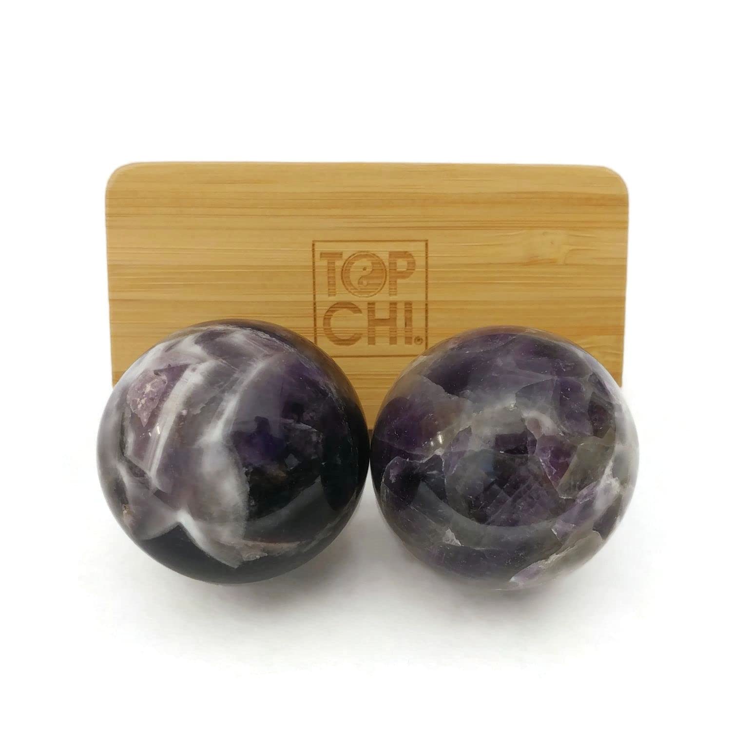 Top Chi Amethyst Baoding Balls with Bamboo Stand for Hand Therapy, Exercise, and Stress Relief (Medium 1.6 Inch)