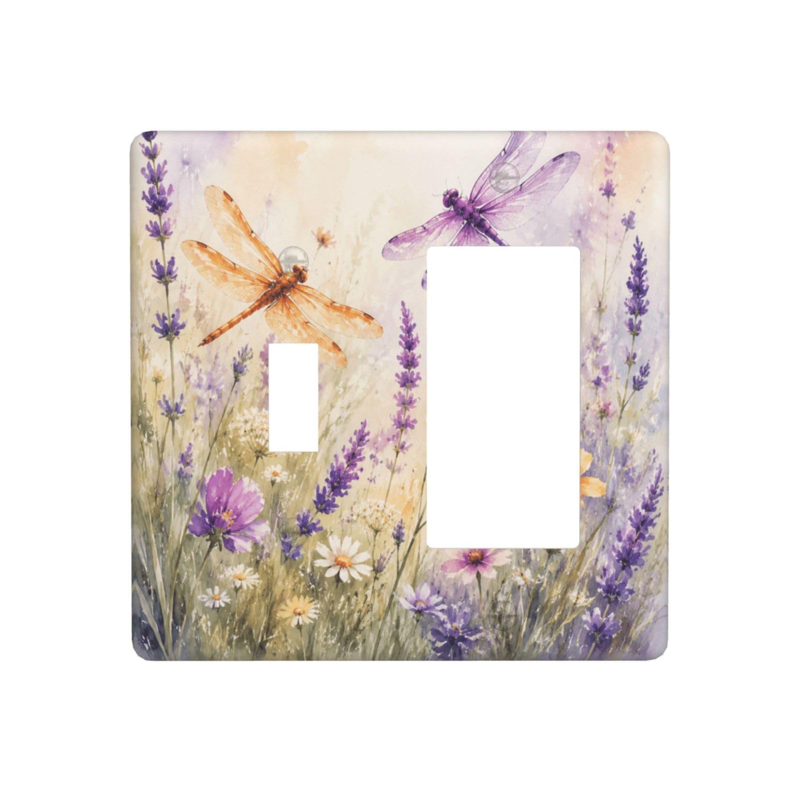 Dwbguo Decorative Outlet Covers Watercolor Dragonfly Lavender Floral 2-Gang 1-Gang Wall Plate Single Toggle/Rocker Vintage Purple Flower Light Switch Covers Switch Plate Cover for Bedroom Home Decor
