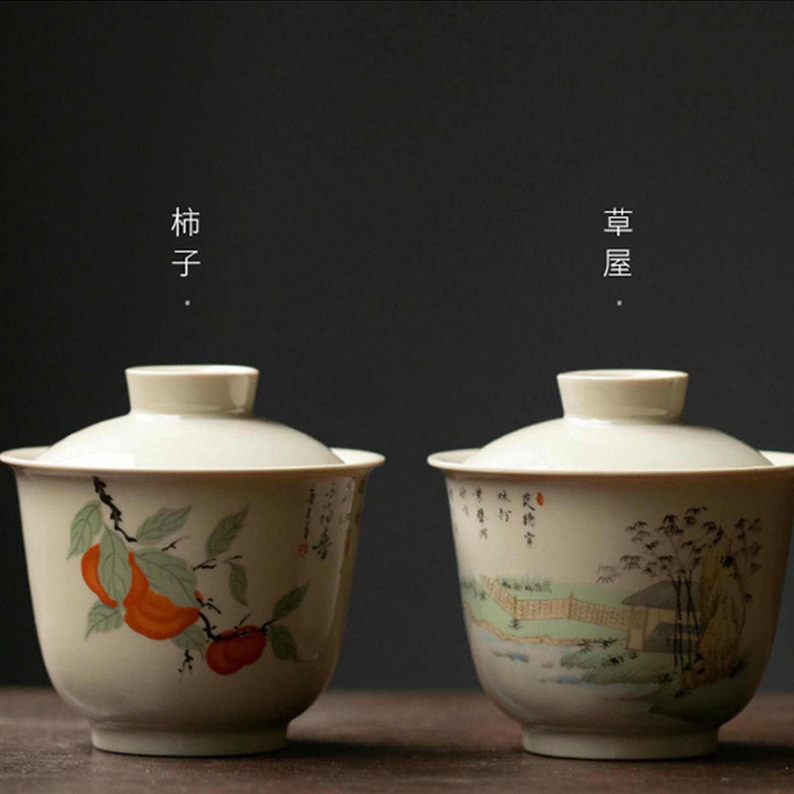 Chińska retro drewniana miseczka z szarą szkliwioną ceramiczną pokrywką, zestaw do herbaty Kung Fu, chiński sposób parzenia herbaty - ręka Buddy