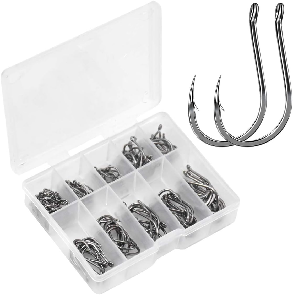 – 100 Pcs Barbed Fishing Hooks, 10 Sizes Fish Hooks 3# - 12#, Eyed Fishing Hooks, Circle Hooks for Fishing in High Carbon Steel with Plastic Box