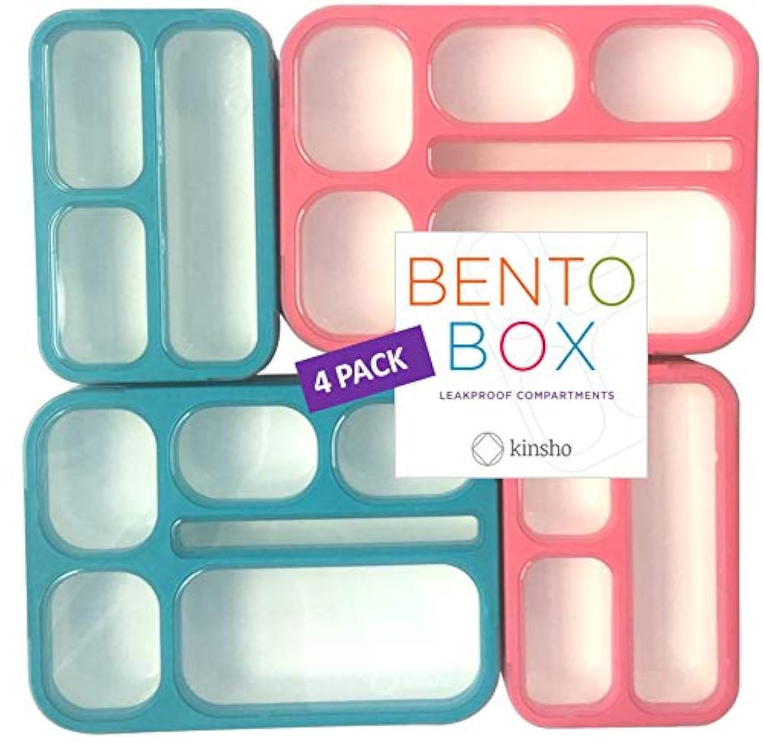 Bento Box Lunch Boxes and Snack Containers for Kids Girls Boys Adults Toddlers, Leak-Resistant Portion Container Kits BPA Free | Value Pack Set of 4, Blue & Pink