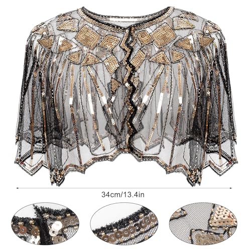 Women's 1920s Shawl Wrap Gloves Sequin Beaded Shawls Evening Cape Decor Flapper Cover Up Roaring 20s Accessories Set2