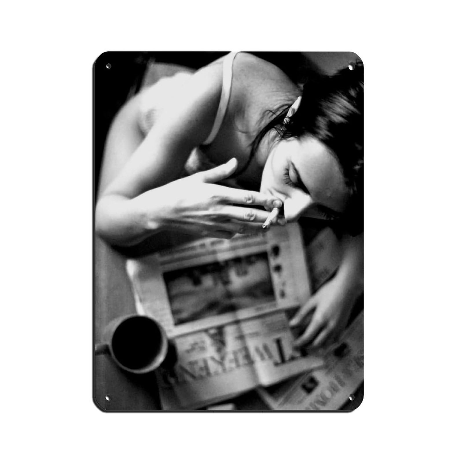 Woman Smoking & Reading Newspaper Retro Poster Metal Tin Sign Chic Art Retro Iron Painting Bar People Cave Cafe Family Garage Poster Wall Decoration 12x16inch(30x40cm)
