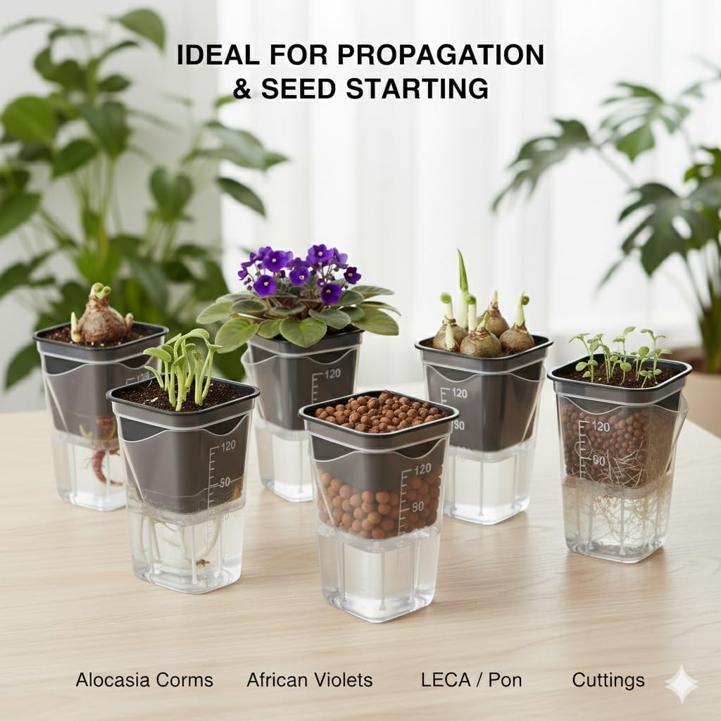12 Pack 2.5" Clear Self Watering Pots with Wick System, Water Level Indicator & Drainage Hole, Consistent Moisture for Seedlings, Cuttings, Alocasia Corm & African Violet, 12 Plant Labels Included
