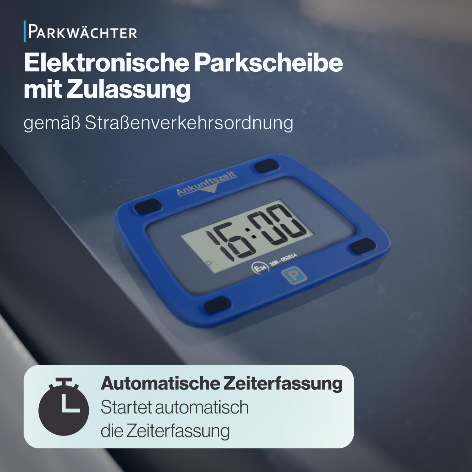Parkwächter V0 Digitale Parkscheibe mit 2 Scheibenadapter, entspricht der Straßenverkehrsordung, elektronische Parkuhr für das Auto in blau 111 x 72 x 25 mm