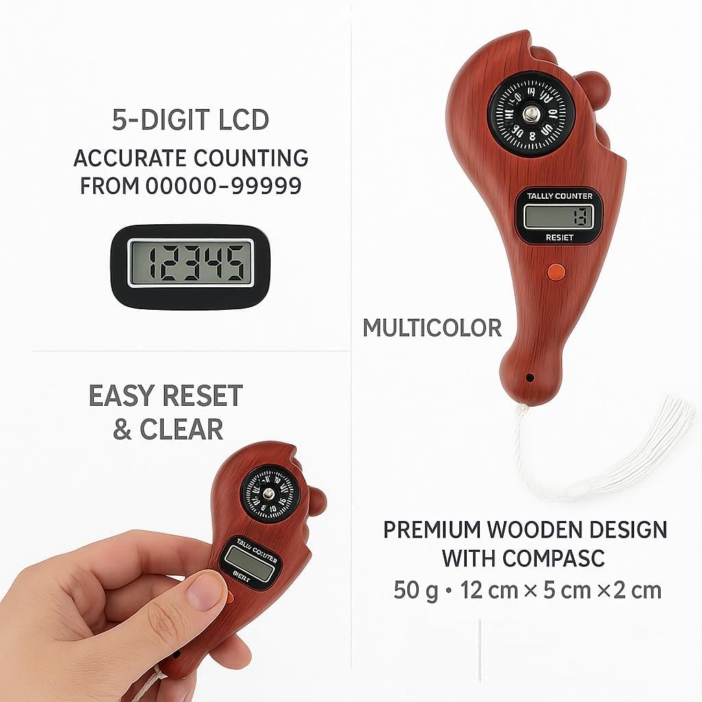 ORBITORA Combo Wooden Digital Finger Counter wit Small LED Display Adjustable Finger Tally Counter for Chanting Meditation & Tasbih Counting Use for naam jaap Mantra Jap jaap Counter Multicolor 2