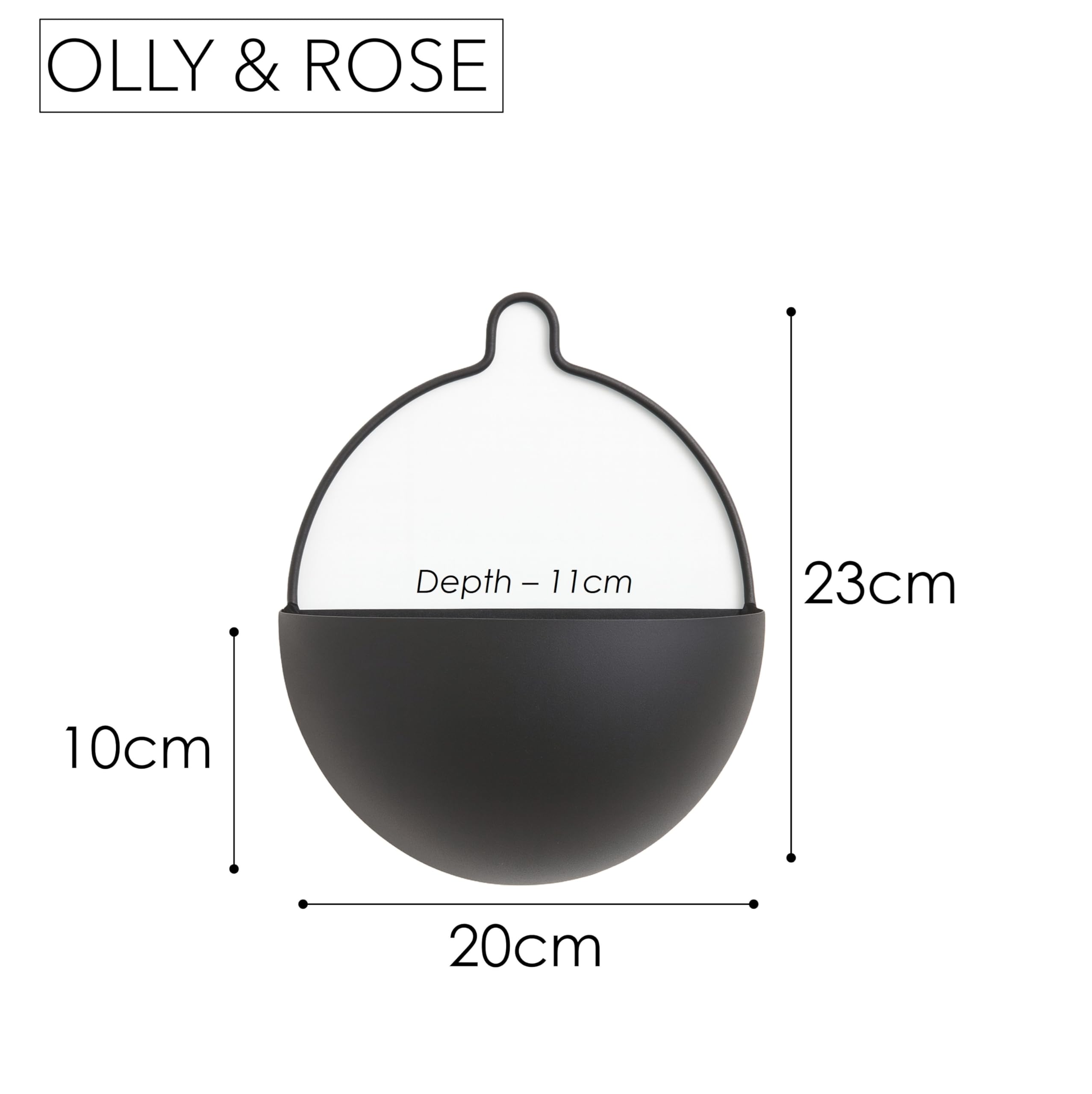 Olly & Rose Set mit 2 Metall-Wand-Pflanzgefäßen – 25 cm breit, zeitgenössische hängende Pflanzgefäße – mattschwarze Wand-Pflanzgefäße mit Aufhängern – Innenwanddekoration für Zuhause